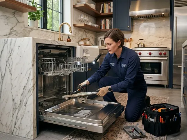 Appliance Repair Hero technician servicing a built-in dishwasher in a Bacliff, TX kitchen