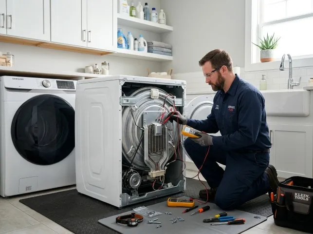 Appliance Repair Hero technician checking a dryer heating element with the rear panel off in Bacliff, TX