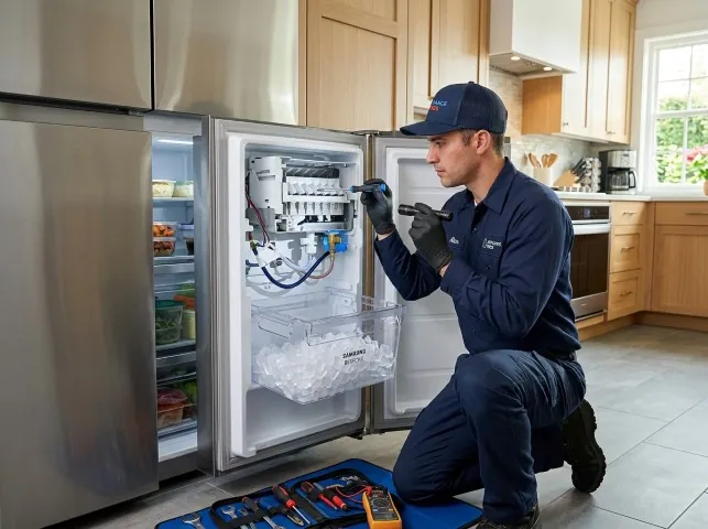 Appliance Repair Hero technician repairing a refrigerator ice maker in Bacliff, TX