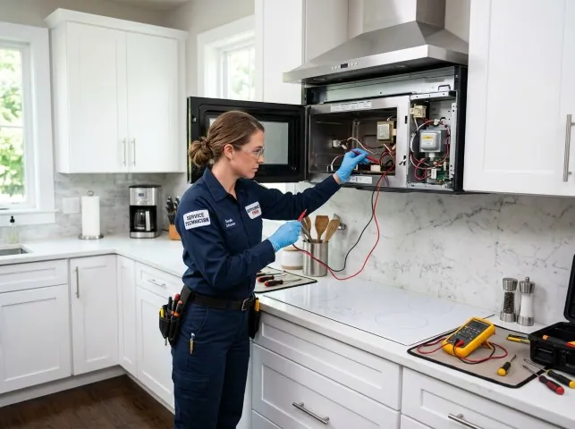 Appliance Repair Hero technician testing an over-the-range microwave in a Bacliff, TX kitchen