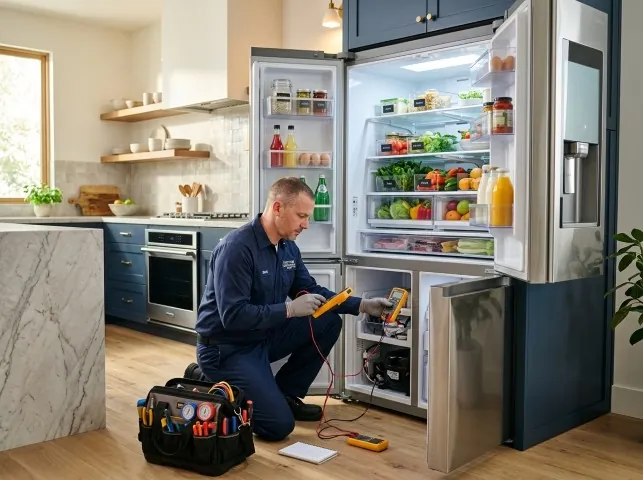 Appliance Repair Hero refrigerator technician testing a fridge on a Bacliff, TX service call