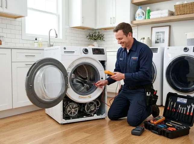 Appliance Repair Hero technician testing a front-load washer with a multimeter on a Bacliff, TX service call